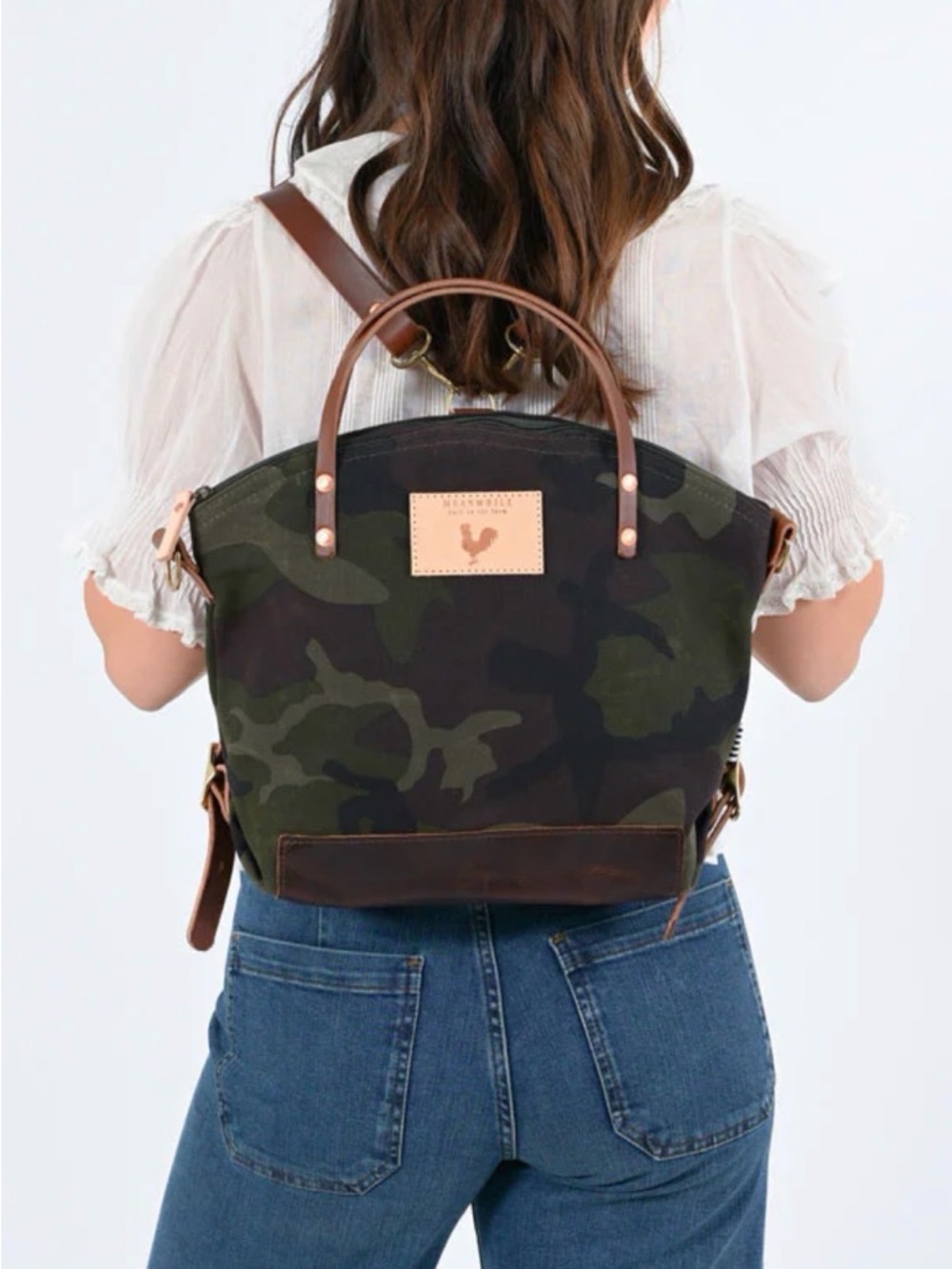 Convertible Camo Backpack Tote with Leather Trim - Olive Green